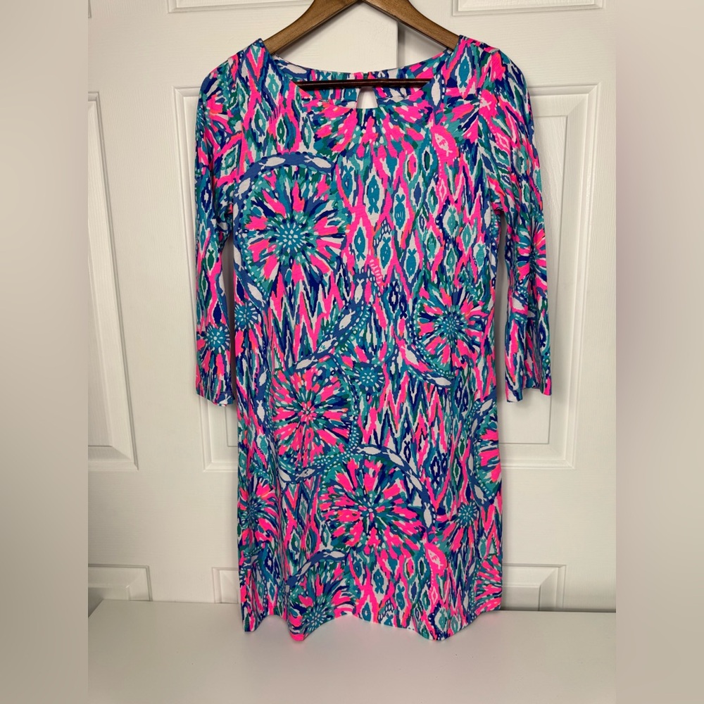 Lilly Pulitzer Size Small 3/4‎ Sleeve Bay Dress Tiki Pink in Shake It Up Print